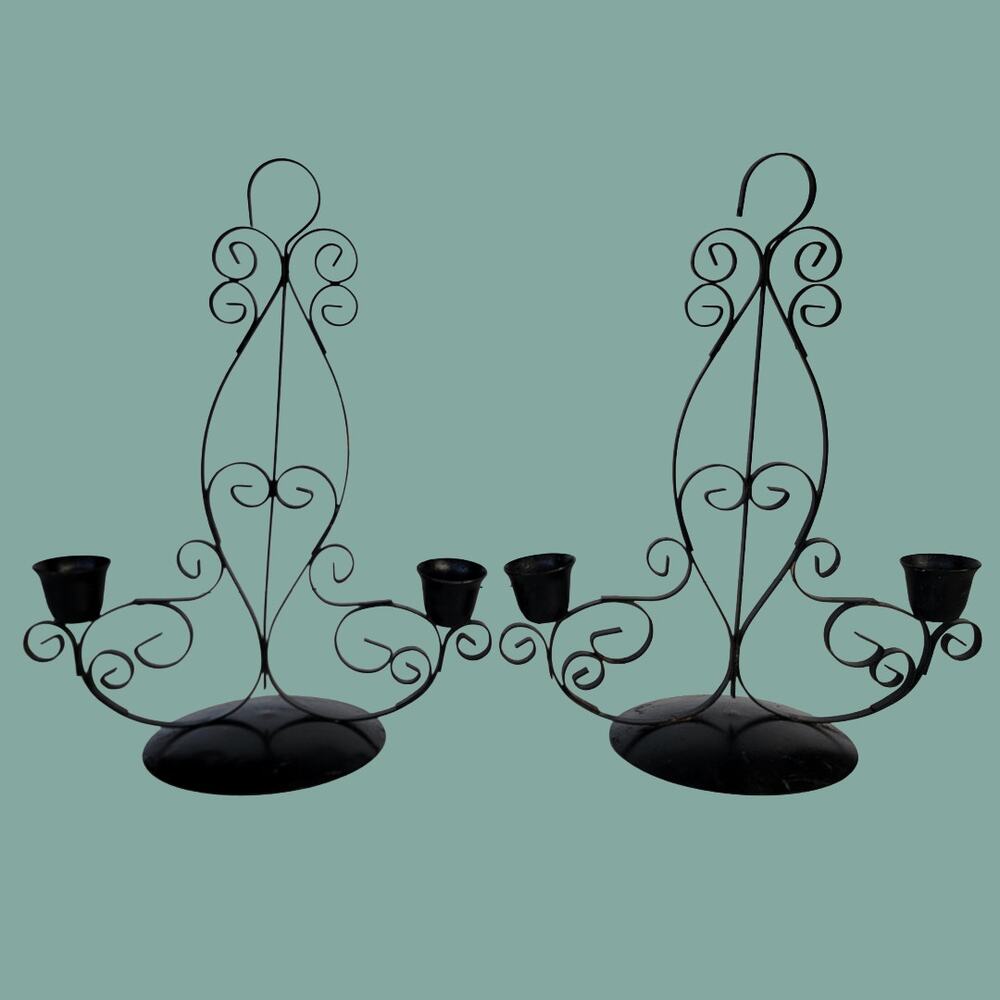 Vintage 1960s Mid Century Black Spanish Style Curled Wrought Iron Candle Holders